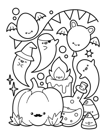 Cute And Kawaii Halloween Coloring Pageのイラスト素材