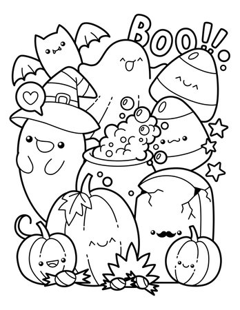 Cute And Kawaii Halloween Character Coloring Pageのイラスト素材