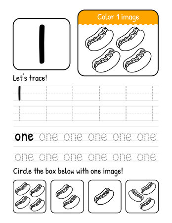 Word And Number One Tracing Book Interior Worksheet Page With Coloring And Counting Activitiesのイラスト素材