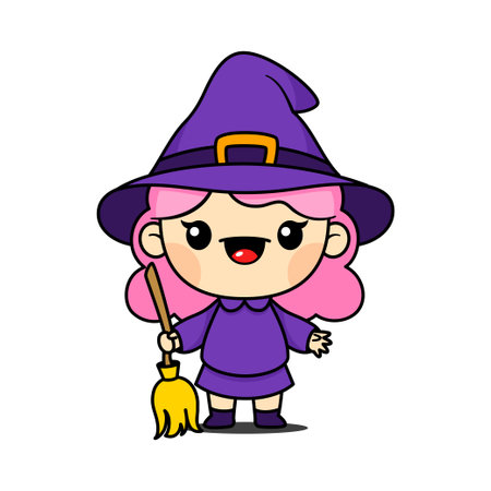 Cute And Kawaii Style Halloween Witch Girl Cartoon Characterのイラスト素材