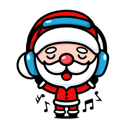 Cute And Kawaii Christmas Santa Claus Cartoon Character Listening To Music With Headsetのイラスト素材