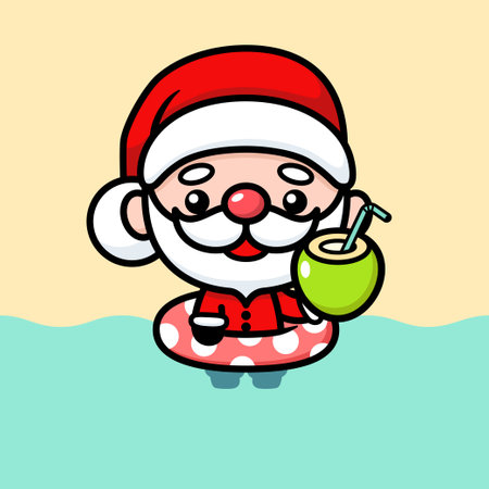 Cute And Kawaii Christmas Santa Claus Cartoon Character Swimming And Drinking Coconutのイラスト素材