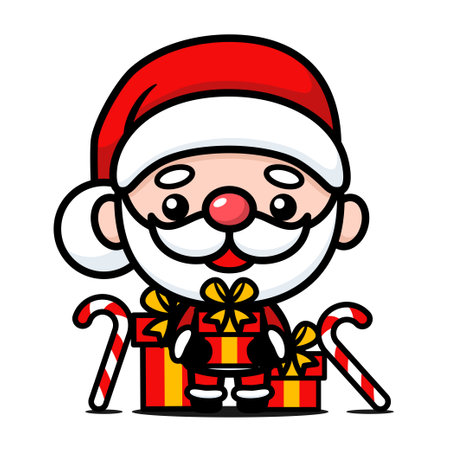 Cute And Kawaii Christmas Santa Claus Cartoon Character With Present Boxesのイラスト素材