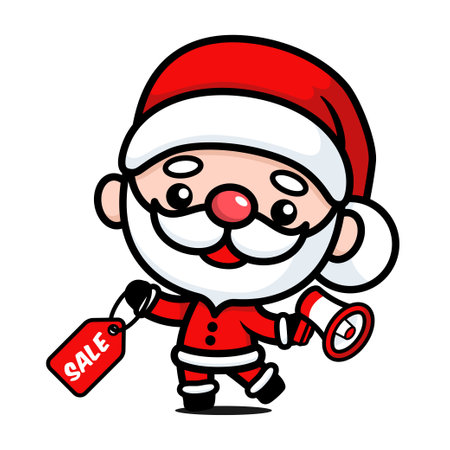 Cute And Kawaii Christmas Santa Claus Cartoon Character Wtih Megaphone And Sale Tagのイラスト素材