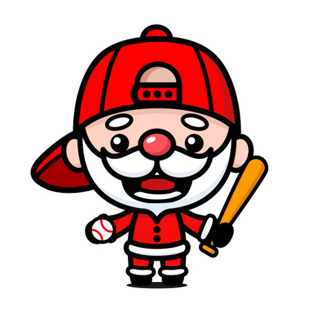 Cute And Kawaii Christmas Santa Claus Cartoon Character With Baseball Bat And Ballのイラスト素材