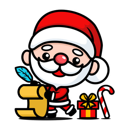 Cute And Kawaii Christmas Santa Claus Cartoon Character With Bag And Present Listのイラスト素材