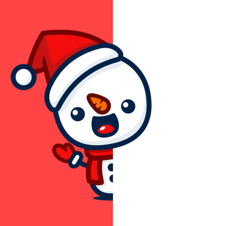 Cute And Kawaii Style Christmas Snowman Cartoon Character Behind A Wallのイラスト素材