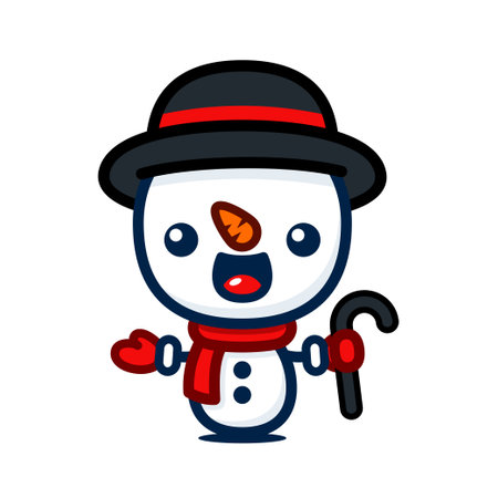 Cute And Kawaii Style Christmas Snowman Cartoon Character With Hat And Caneのイラスト素材