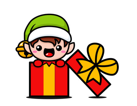Cute And Kawaii Christmas Elf In A Gift Boxのイラスト素材