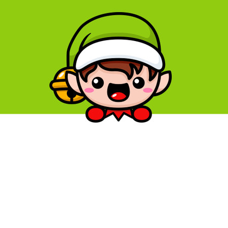 Cute And Kawaii Christmas Elf On A Wallのイラスト素材