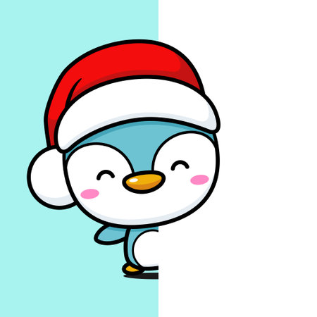 Cute And Kawaii Christmas Penguin Behind A Wallのイラスト素材