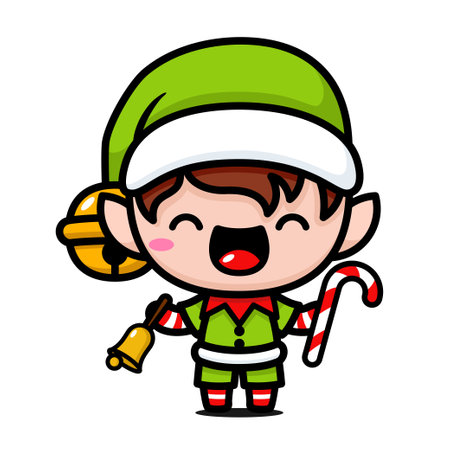 Cute And Kawaii Christmas Elf With Bell And Candy Caneのイラスト素材