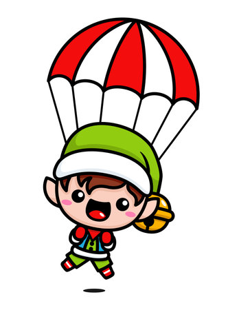 Cute And Kawaii Christmas Elf With Parachuteのイラスト素材