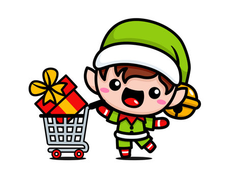 Cute And Kawaii Christmas Elf With Shopping Cartのイラスト素材
