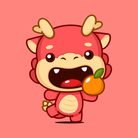 Cute Chinese New Year Dragon Zodiac Cartoon Character Dancing With Orangeのイラスト素材