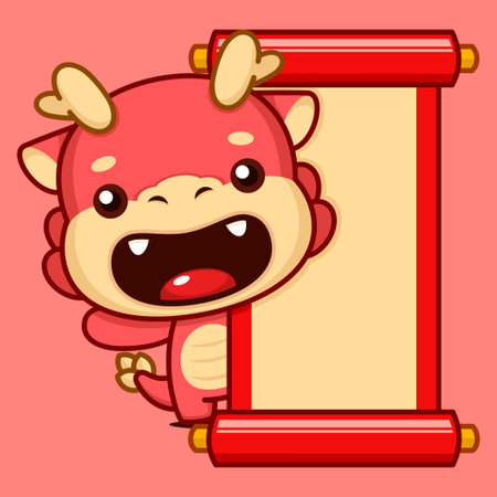 Cute Chinese New Year Dragon Zodiac Cartoon Character Behind Big Scroll Bannerのイラスト素材