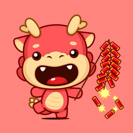 Cute Chinese New Year Dragon Zodiac Cartoon Character Holding Playing Fire Crackersのイラスト素材
