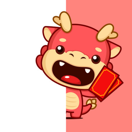 Cute Chinese New Year Dragon Zodiac Cartoon Character With Red Money Envelope Behind A Wallのイラスト素材