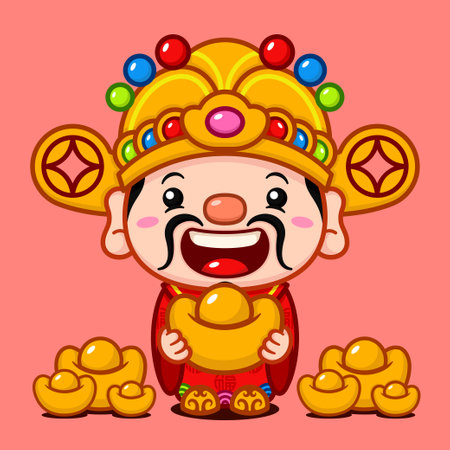 Cute Chinese New Year Fortune God With Gold Moneyのイラスト素材