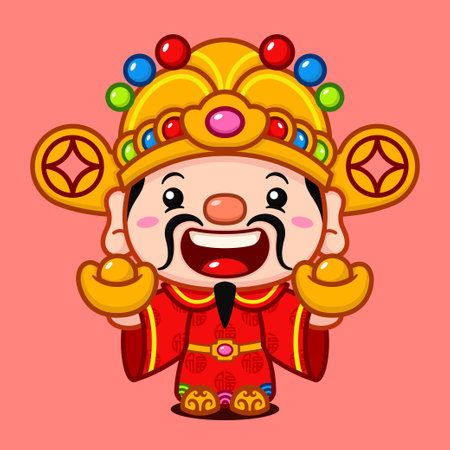 Cute Chinese New Year Fortune God Holding Two Gold Moneyのイラスト素材