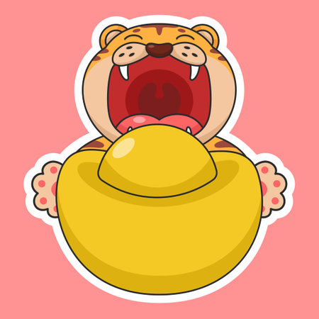 Cute Chinese New Year Tiger Attempt To Bite Gold Moneyのイラスト素材
