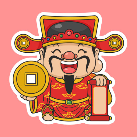Cute Chinese New Year Fortune God Holding Gold Coin And Scrollのイラスト素材