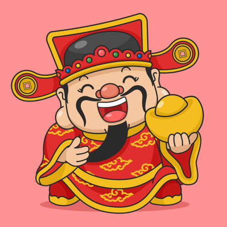 Cute Chinese New Year Fortune God Holding Gold Moneyのイラスト素材