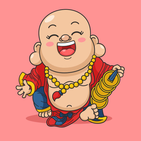 Cute Chinese New Year Fortune God Laughing Buddha Holding Gold Coinsのイラスト素材