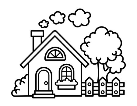 House And Yard Children Coloring Pageのイラスト素材