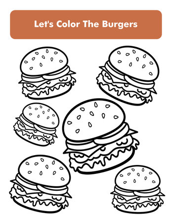Burger Sandwich Coloring Book Page In Letter Page Size. Children Coloring Worksheet. Premium Vector Element.のイラスト素材