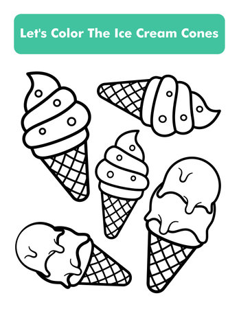 Ice Cream Cones Coloring Book Page In Letter Page Size. Children Coloring Worksheet. Premium Vector Element.のイラスト素材