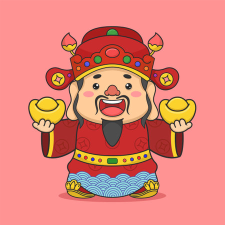 Cute Chinese New Year Fortune God Holding Two Moneyのイラスト素材