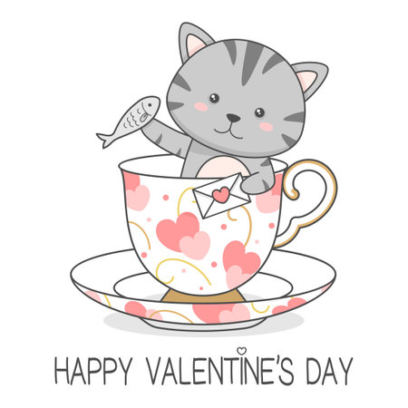 Cute Cat Holding Love Letter And Fish Valentines Dayのイラスト素材