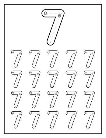 Number Tracing Practice Worksheets For Kids Number Seven 7のイラスト素材