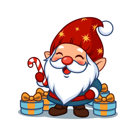 Cute Christmas Gnome With Present Boxes and Candy Caneのイラスト素材