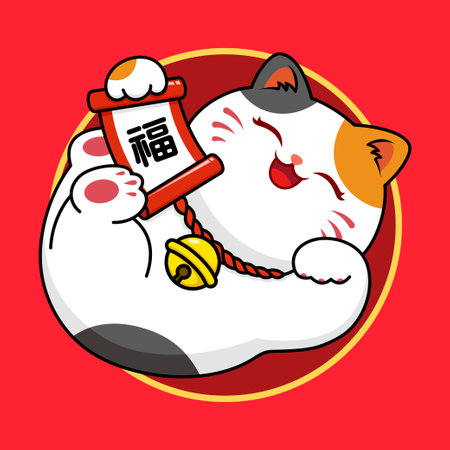 Cute Fortune Cat Cartoon Character Holding A Scrollのイラスト素材