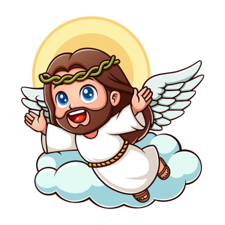 Cute Jesus Christ Cartoon Character Flying With Wingsのイラスト素材
