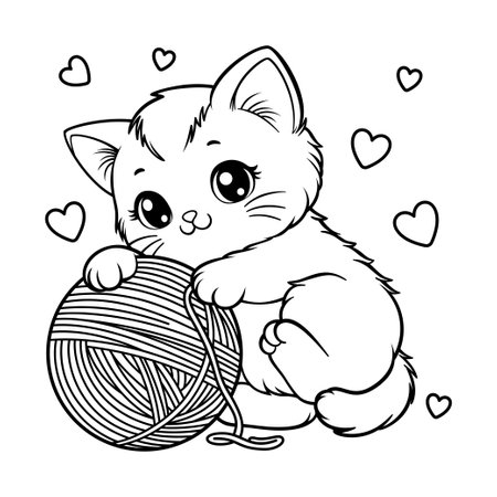 Cute Kitten Playing Yarn Ball Coloring Pageのイラスト素材