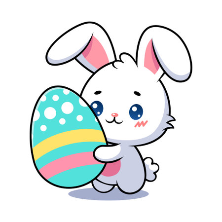 Kawaii Easter Bunny Rabbit With Big Easter Eggのイラスト素材