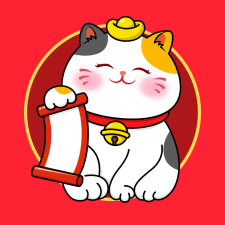 Cute Fortune Cat Holding A Scrollのイラスト素材