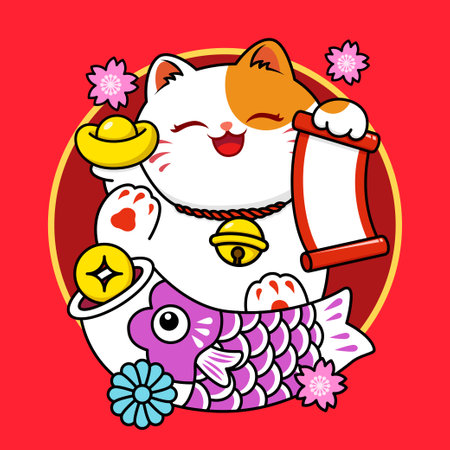 Cute Fortune Cat And Fortune Fish Cartoon Characterのイラスト素材