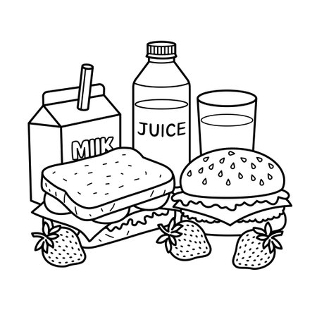 Breakfast Meal And Drinks Coloring Page Illustrationのイラスト素材