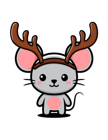 Cute Mouse Cartoon Character Wearing A Reindeer Antler Bandanaのイラスト素材