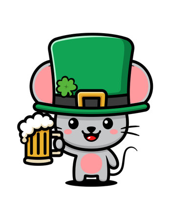 Cute Mouse Cartoon Character Wearing Saint Patrick Hat And Holding A Beerのイラスト素材