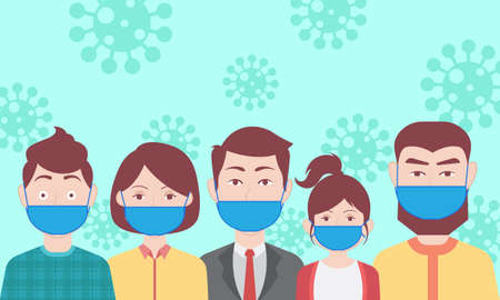 Illustration design of people masked in Covid-19 pandemic situationのイラスト素材