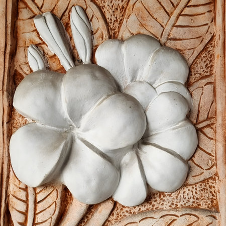 A beautifully carved wall plaque featuring delicate frangipani flowers and leaves, showcasing intricate craftsmanship and natural elegance.の写真素材