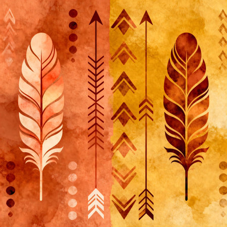 Watercolor indian background with feathers and arrows. Vector illustration.の素材