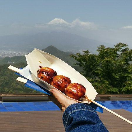A charming shot of Tanuki Dango held in the foreground with the majestic Mount Fuji rising softly in the background.の写真素材