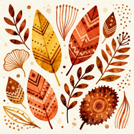 Watercolor autumn leaves background. Hand drawn illustration. Boho style.の素材