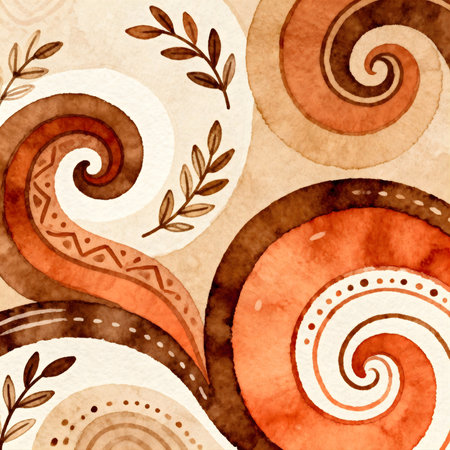 Abstract watercolor background with swirls and leaves. Hand-drawn illustration.の素材